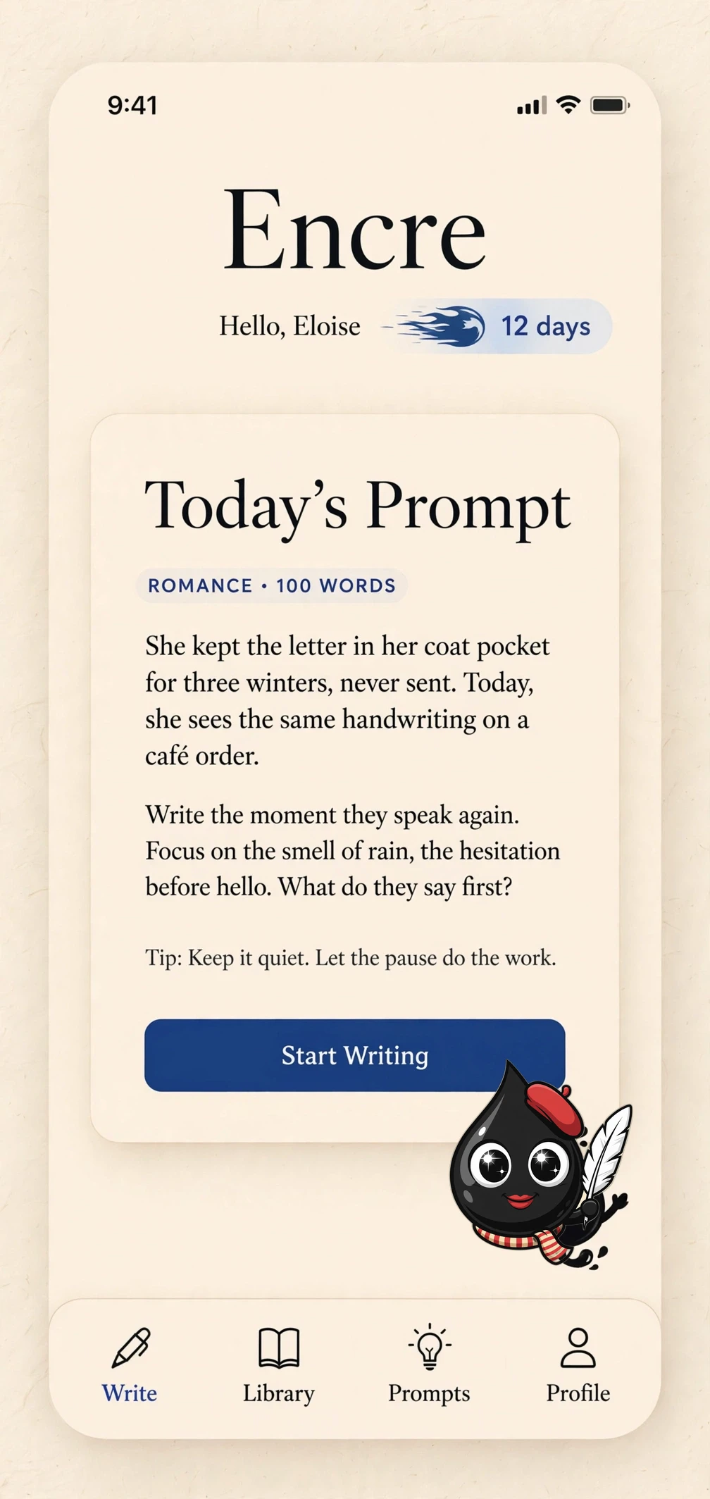 Encre home screen with today's prompt